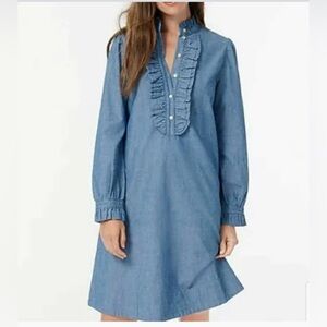 NWT J. Crew Chambray Long Sleeve Dress with ruffle front sz SP